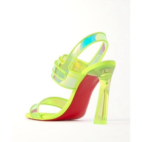 Christian Louboutin Duniss 100mm Leather and PVC Sandals Neon Yellow 36.5 - Picture 3 of 6